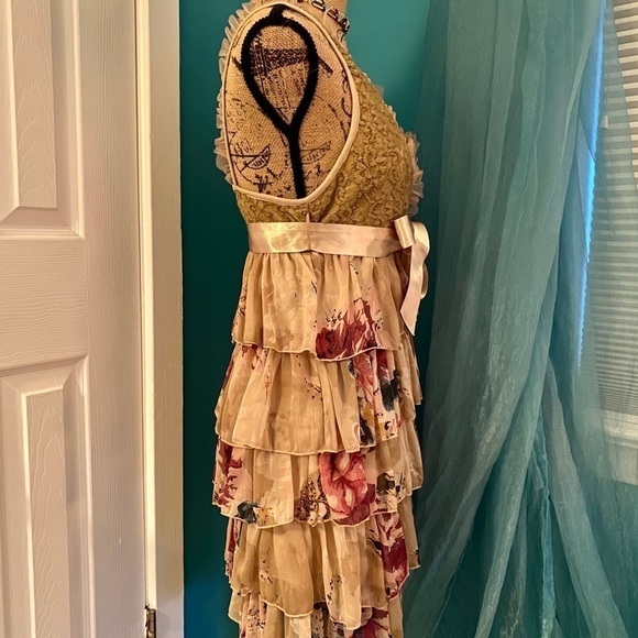 Romantic Tan Floral Ruffle Dress - Picture 2 of 12
